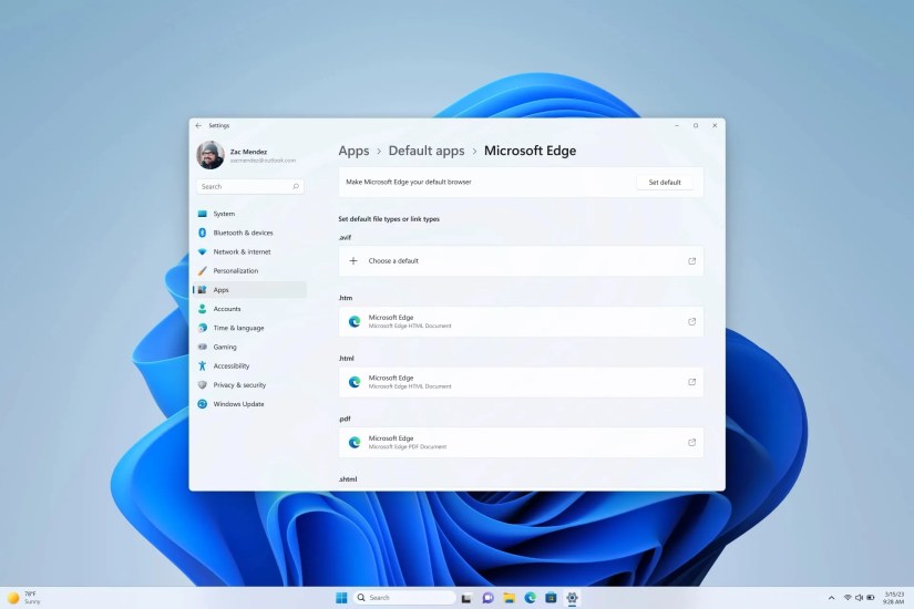 Default apps page in Windows 11