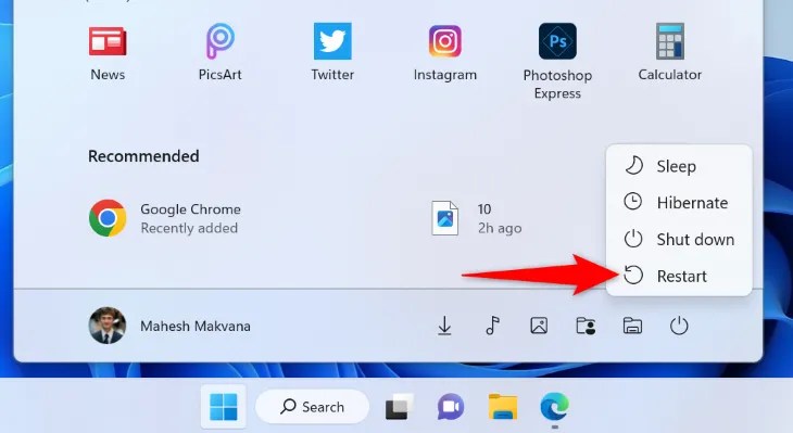 Select &ldquo;Restart&rdquo; in the menu.