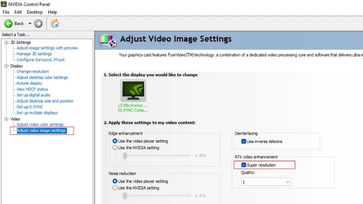 Choosing VSR in the NVIDIA Control Panel