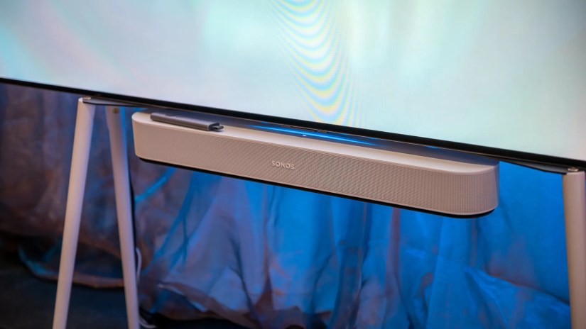 White Sonos Beam (Gen 2) mounted under a TV
