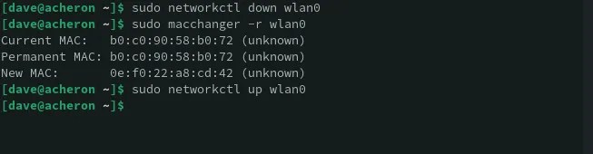 Disabling and enabling a Wi-Fi connection to allow its MAC address to be changed using machanger