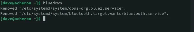 Using the bluedown shell function to turn off and disable bluetooth