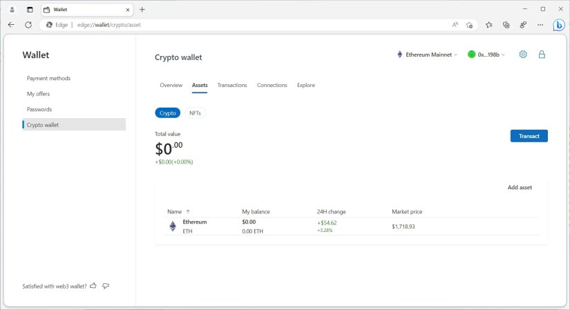 Microsoft Edge screenshot with Crypto wallet open