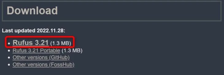 Showing which version of Rufus to download
