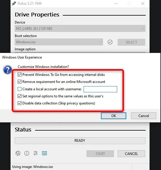 Showing which Windows User Experience options to check before Rufus starts creating a bootable Windows 11 installation on the MicroSD card