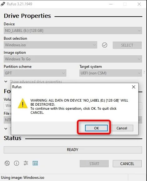 The next windows warns you that Rufus will delete all contents on your SD card when it starts creating a bootable Windows installation. Just click the OK button