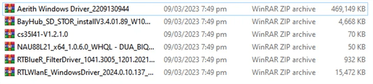 The six Steam Deck Windows drivers zip archives listed