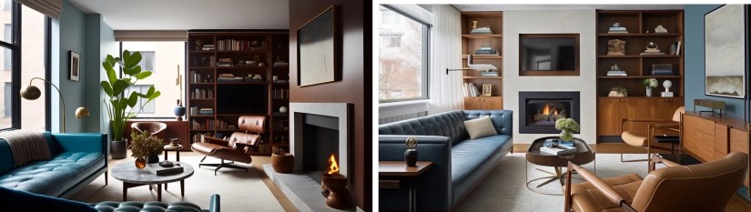 Photo of a living room with an art deco and wooden style