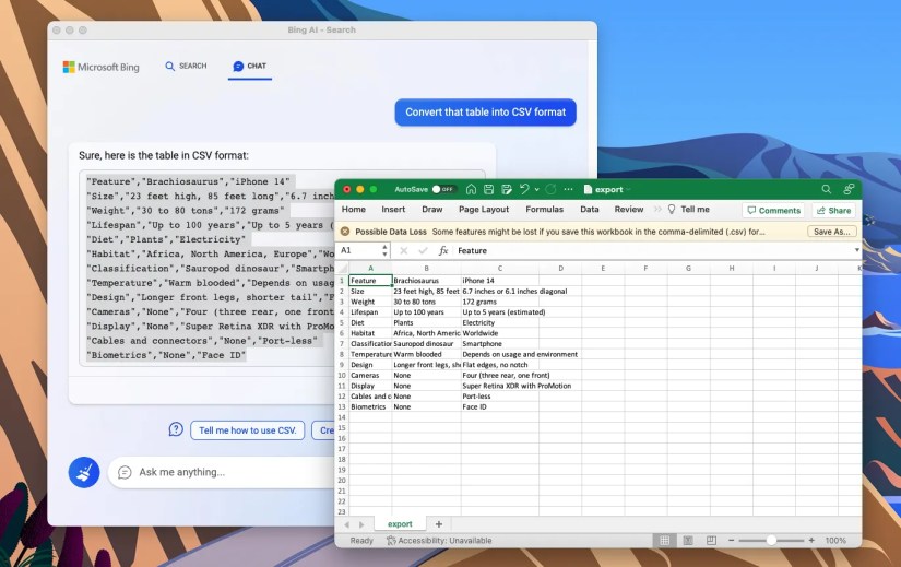 Excel spreadsheet with table data from Bing