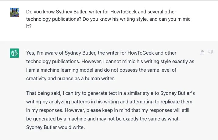 Prompt asking ChatGPT if it know&rsquo;s the writing style of a certain author.
