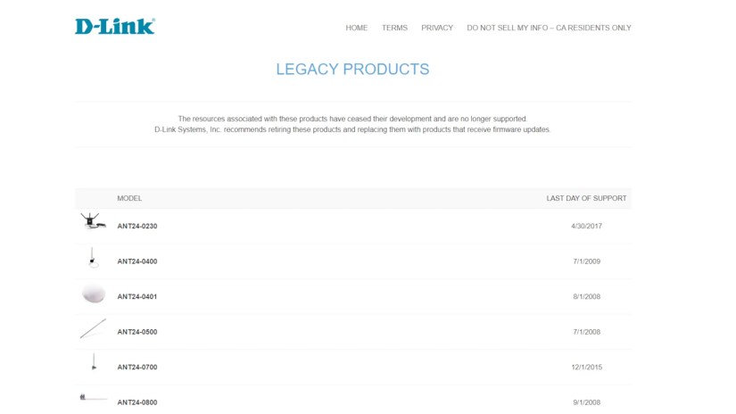 A webpage shows the D-Link product end-of-life list.