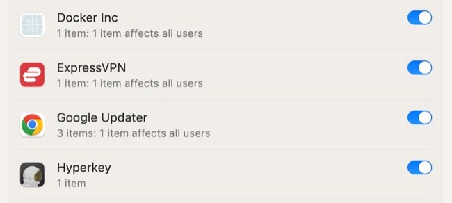 Toggle background items on or off in the Login Items menu