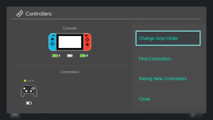 Hovering over the &ldquo;Change Grip/Order&rdquo; option in the Nintendo Switch&rsquo;s &ldquo;Controllers&rdquo; menu.