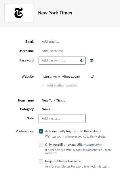 Adding a new entry to Dashlane