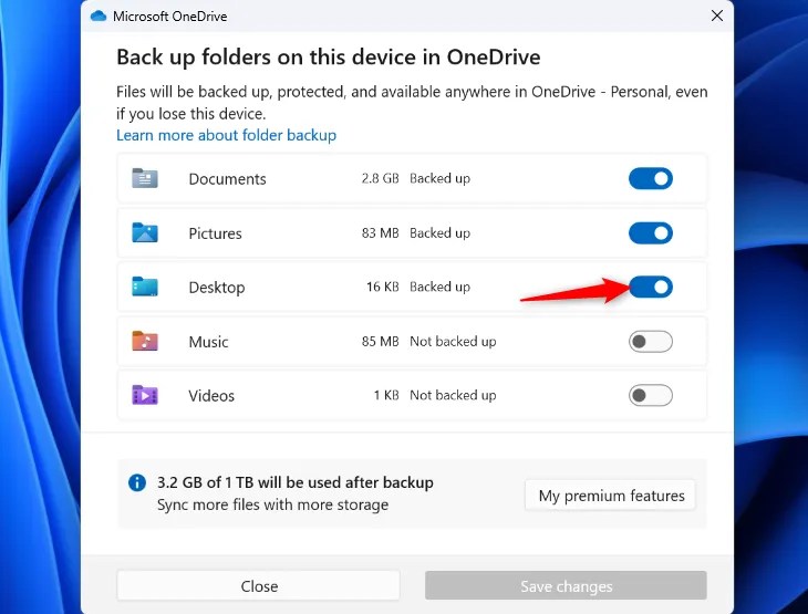 Toggle Desktop folder sync off in OneDrive.