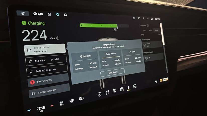 Rivian R1T screen showing different range of of the different driving modes