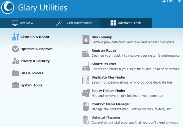 the glary utilities interface