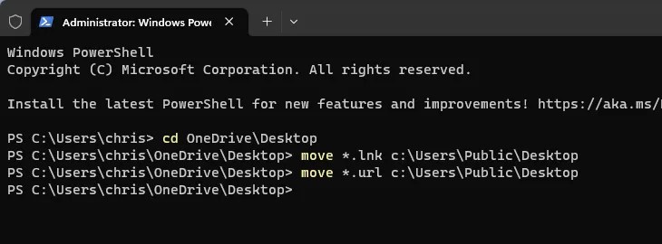Use the move command to move LNK and URL files to the Publid Desktop folder.
