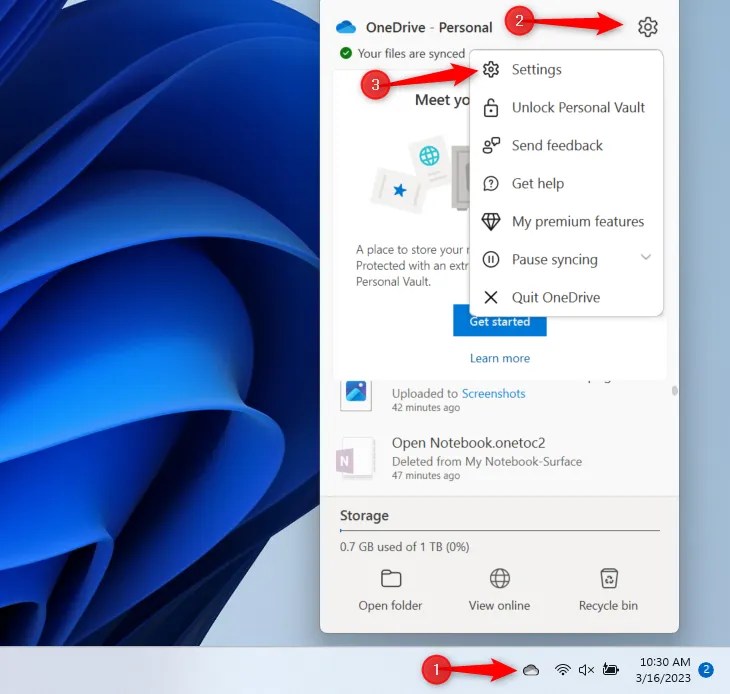 Open OneDrive from the System tray and click gear &gt; Settings.