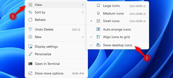 Click View &gt; Show Desktop Icons to hide and unhide Windows desktop icons.