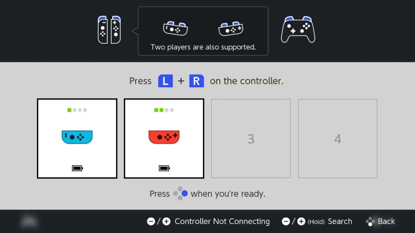 Two Joy-Cons connected to a Nintendo Switch in the &ldquo;Controllers&rdquo; menu.