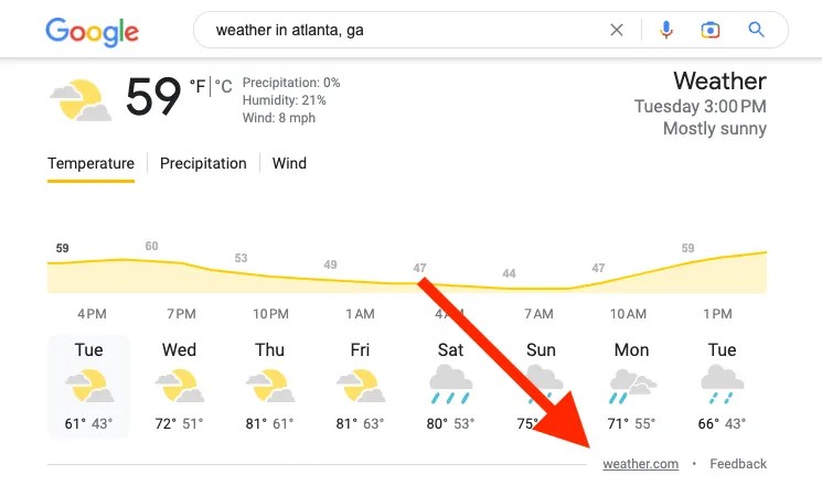 Weather report for Atlanta, GA in Google Search