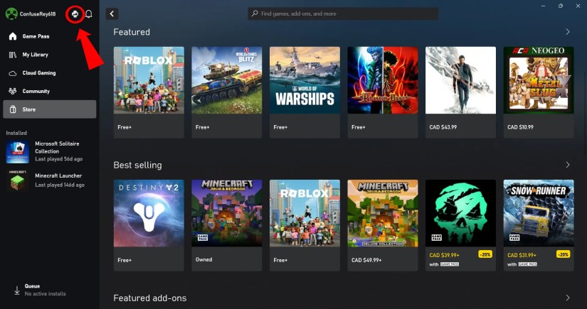 A red arrow and red circle pointing out the Xbox console icon in the top-left of the screen.