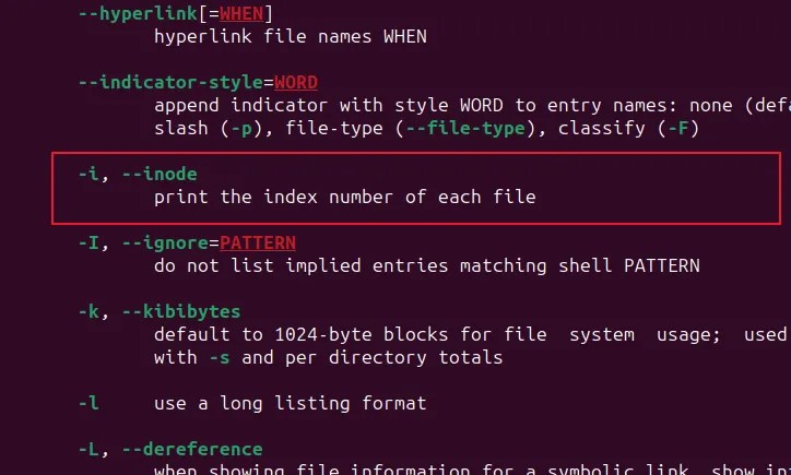 The man page for ls with the -i option highlighted