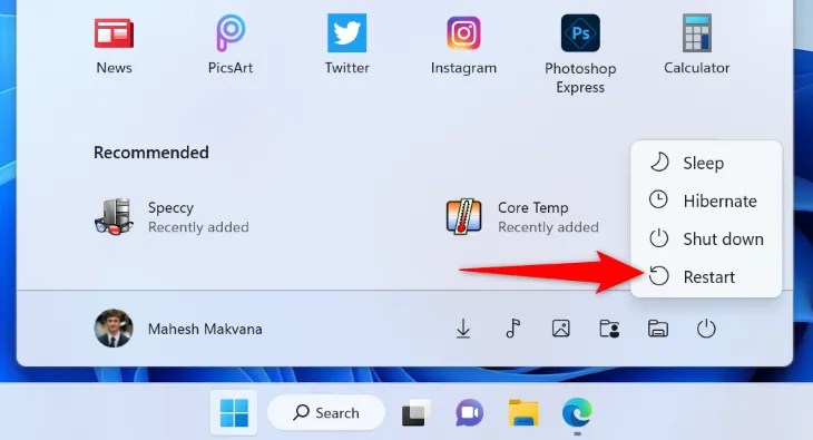 Select &ldquo;Restart&rdquo; in the menu.