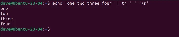 Splitting a line of text into one word per line, with tr