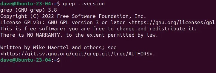 Using the grep &ndash;version option to print its version number to the terminal window