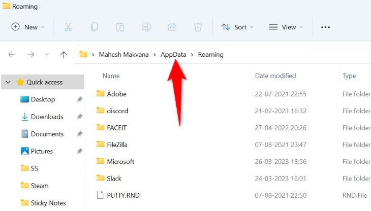 Select &ldquo;AppData&rdquo; at the top.