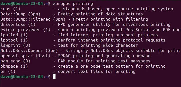 The output from the apropos printing command