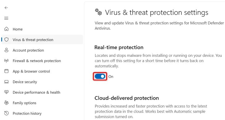 Disable &ldquo;Real-Time Protection.&quot;