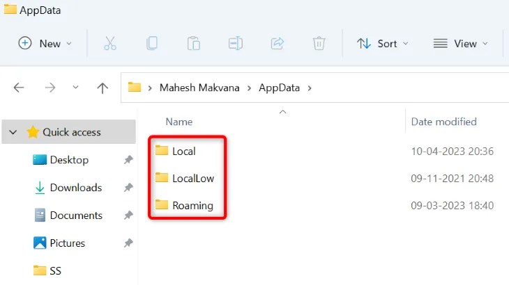 The &ldquo;AppData&rdquo; folder in Windows 11.