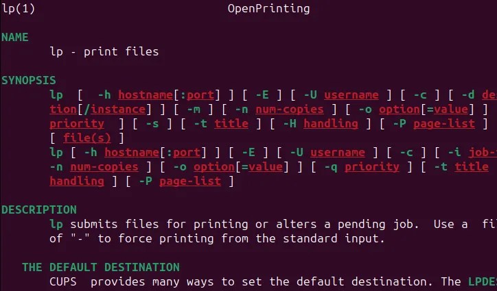 The top of the man page for the lp command