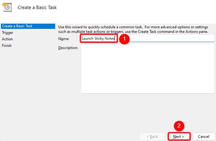 Enter the task name and select &quot;Next.&quot;