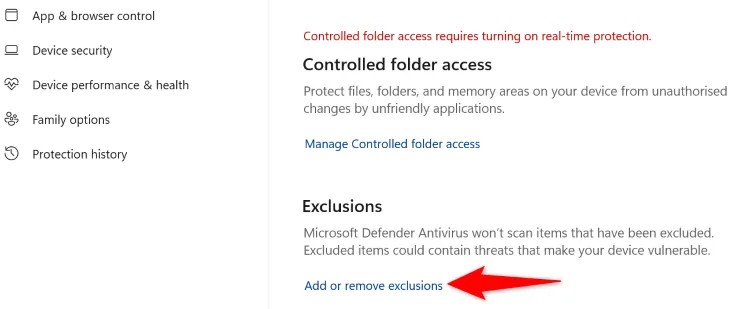 Choose &ldquo;Add or Remove Exclusions.&quot;