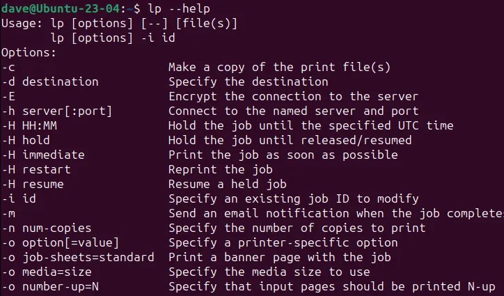 Using the &ndash;help option with the lp command