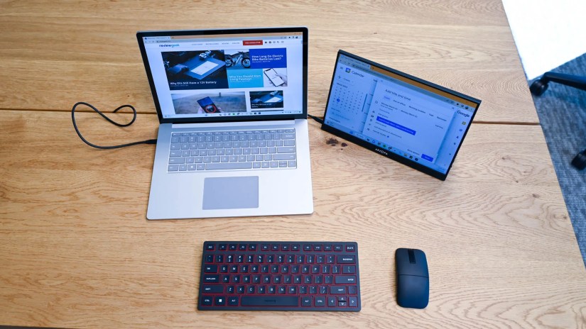 Arzopa A1 Gamut Mini 2K 13.3&quot; Ultra Slim Portable Monitor on a desk with a laptop, mouse, and keyboard