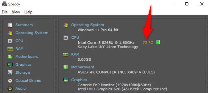 View the overall CPU temp in Speccy.