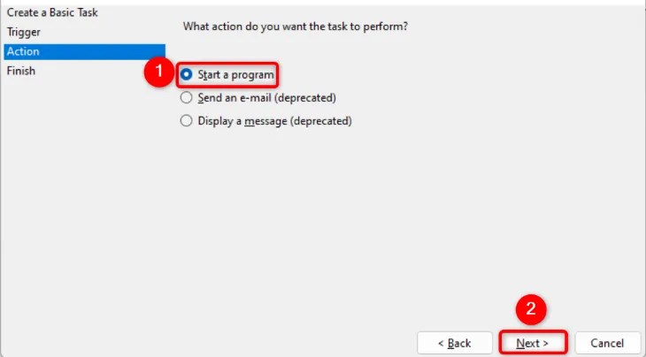 Select the task action and choose &ldquo;Next.&quot;