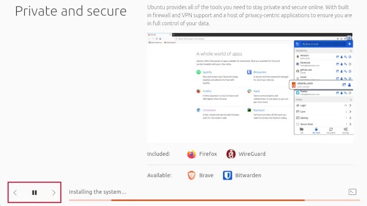The Ubuntu 23.04 installer&rsquo;s slideshow controls