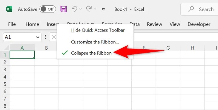 Click &quot;Collapse the Ribbon.&quot;