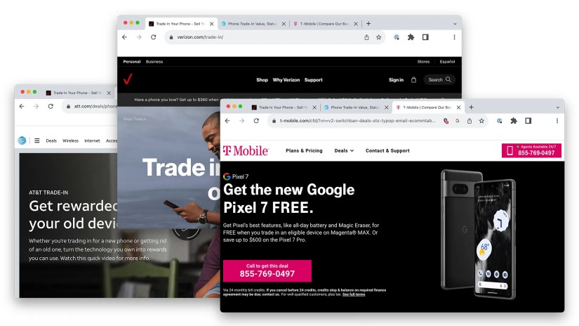 A screenshot of Verizon, AT&amp;T, and T-Mobile trade-in offers.