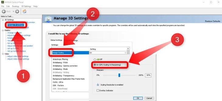 Once you open Nvidia Control Panel select the Manage 3D settings tab then go to the Image Scaling tab and turn on Nvidia Image Scaling