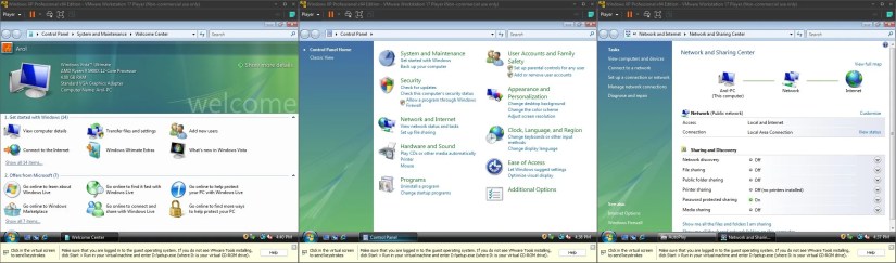 Three screenshots of Windows Vista, showing the Control Panel and the Network &amp; Sharing Center.