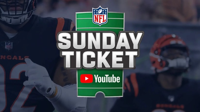 NFL Sunday Ticket YouTube logo overlayed on football players.