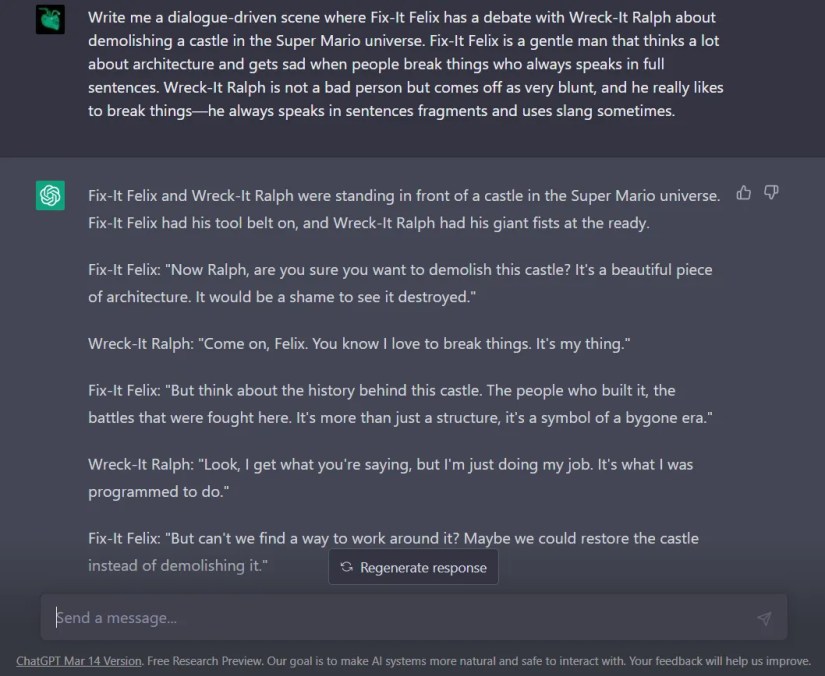 ChatGPT writes a dialogue scene for characters from the Wreck-It Ralph universe.