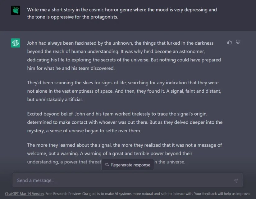 ChatGPT writing a generic story due to a too-simple prompt.